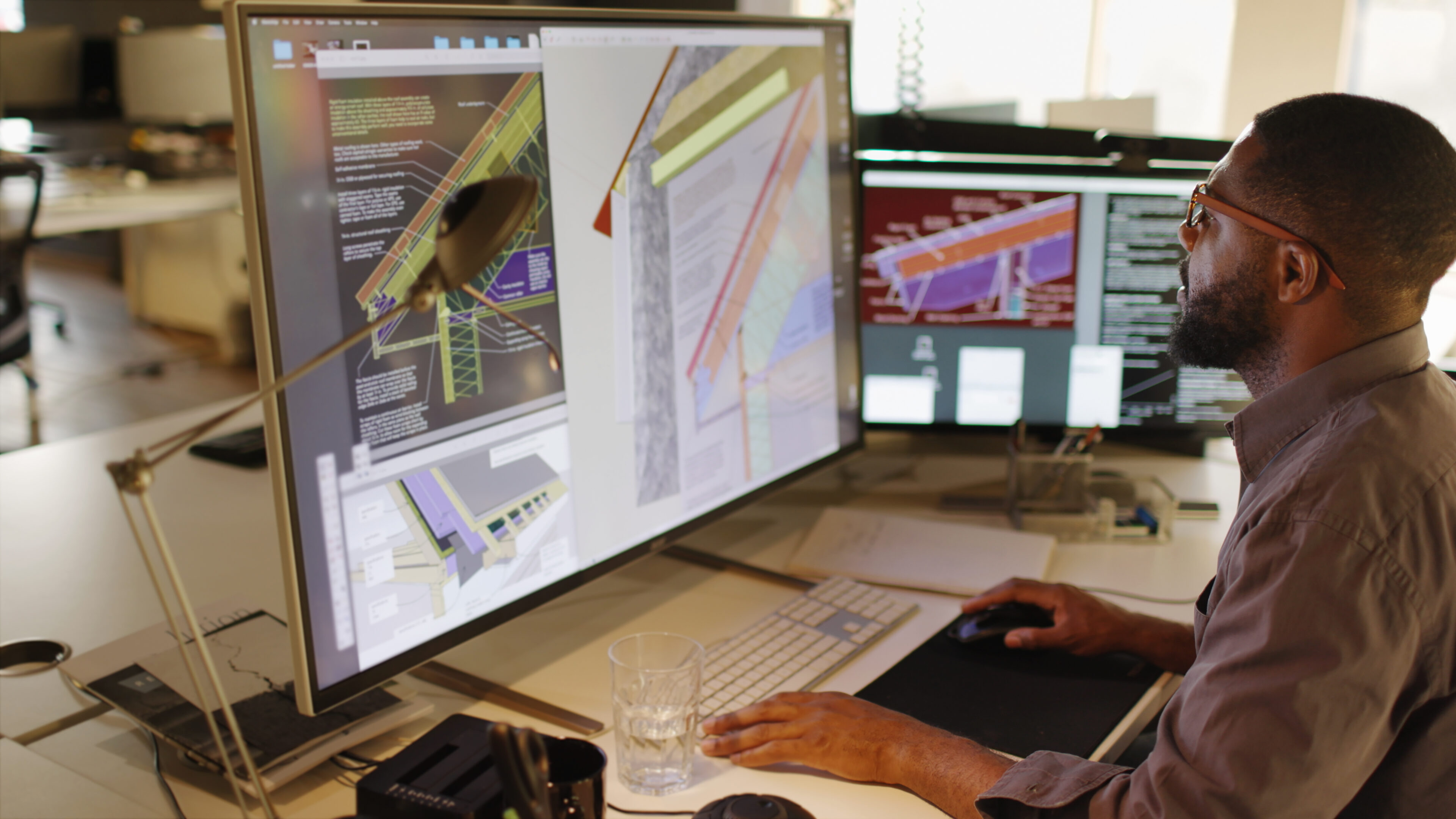 Stock Photograph of an African American / Afro-Caribbean male working with large computer screens &amp; compute Aided design. He’s designing built in insulation structures in domestic homes .