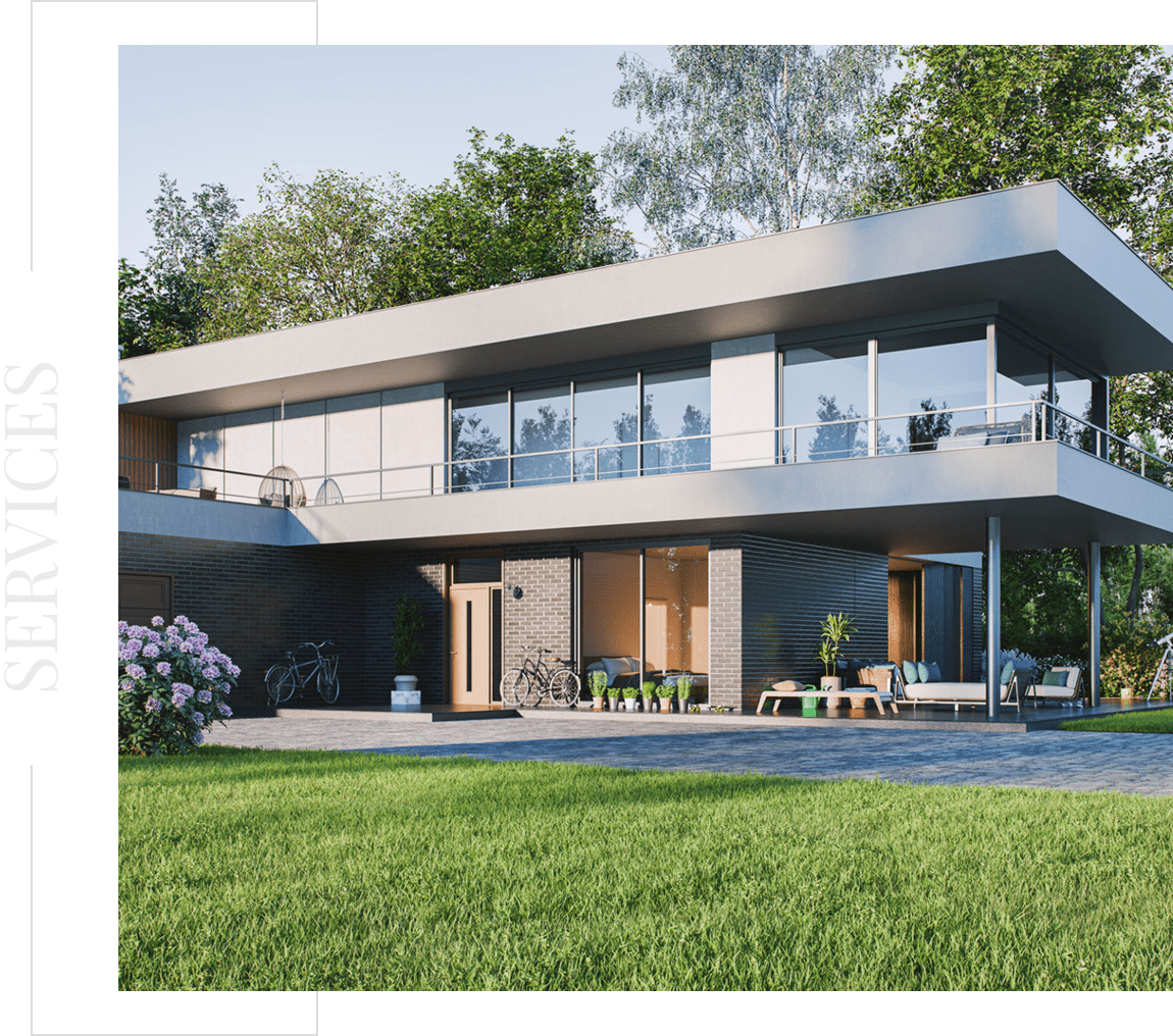 Modern two-story house with large windows