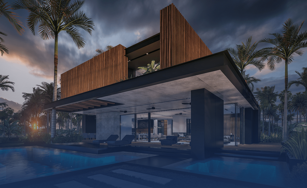 Modern house with pool at sunset