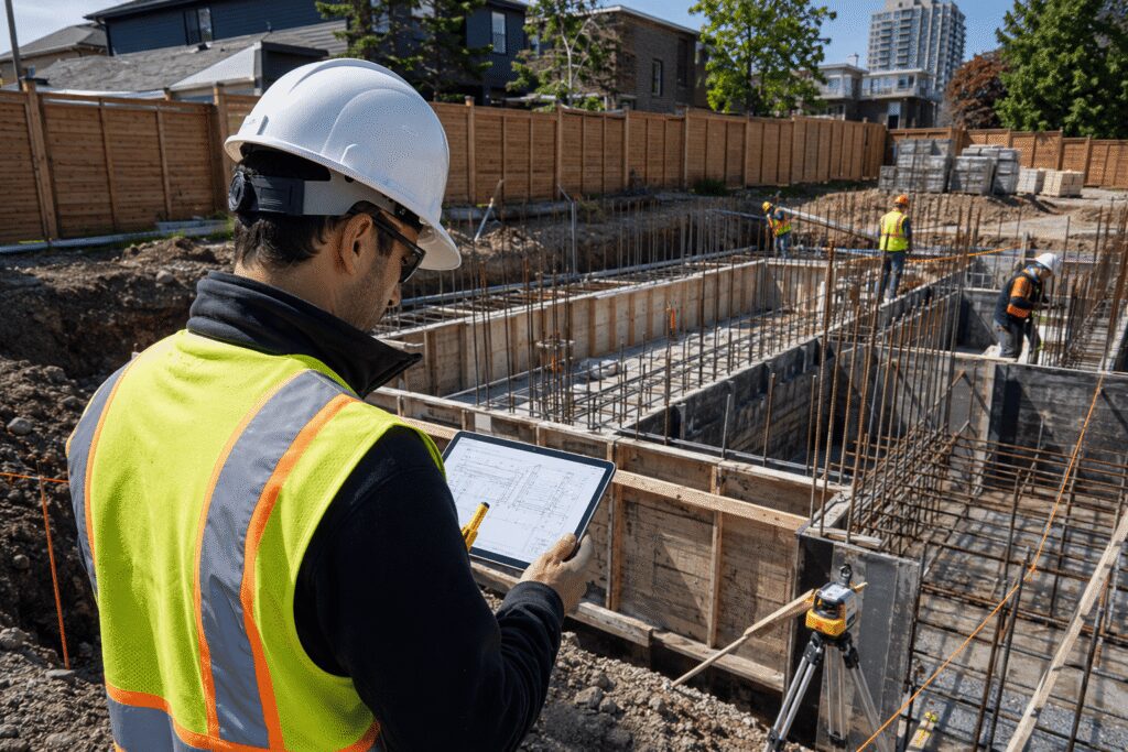 Structural engineering Toronto expert inspecting reinforced concrete foundation and steel rebar before residential construction.