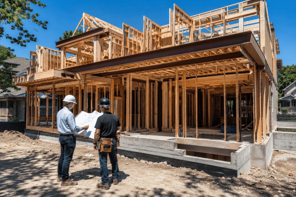 Structural engineering Toronto residential project showing wood framing, steel beams, and reinforced concrete foundation.