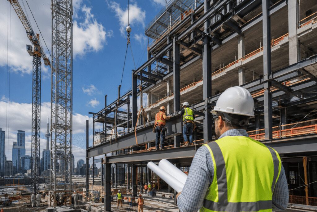 Structural engineering Toronto commercial construction site with structural steel framework and tower cranes.