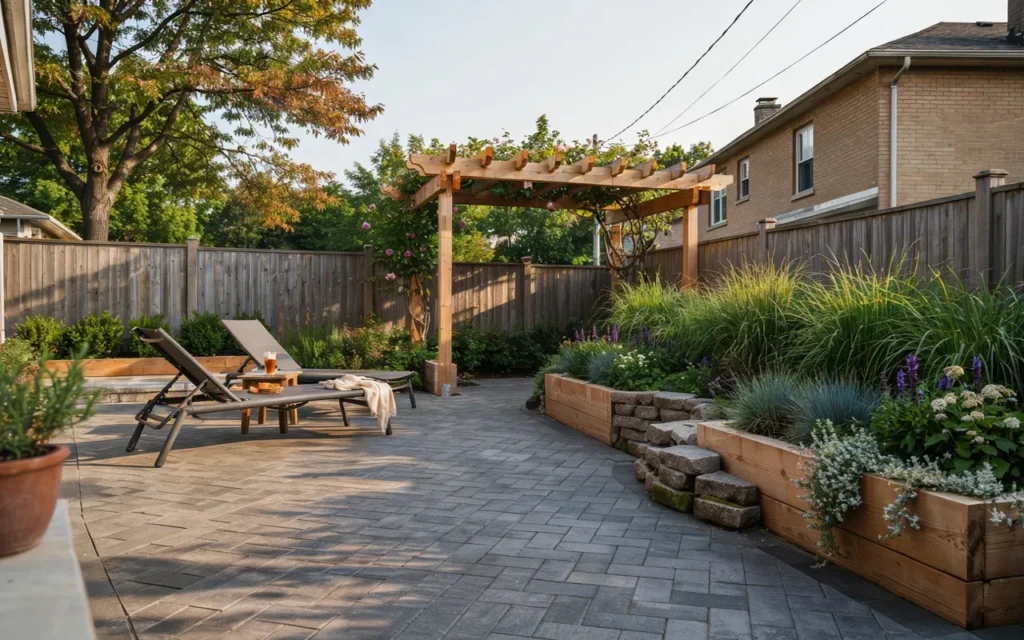 Modern custom landscaping backyard in Toronto with interlocking patio and garden.