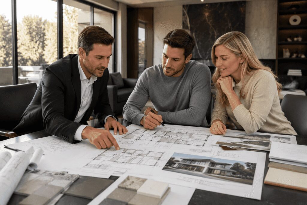 Construction workers framing a modern custom home in Toronto