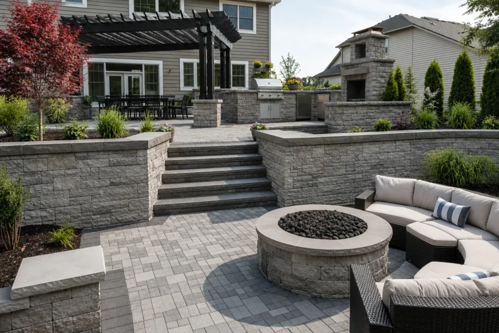 Modern backyard hardscaping vs landscaping featuring stone patio and green garden