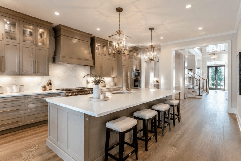 Architect discussing custom home plans and construction budget with homeowners