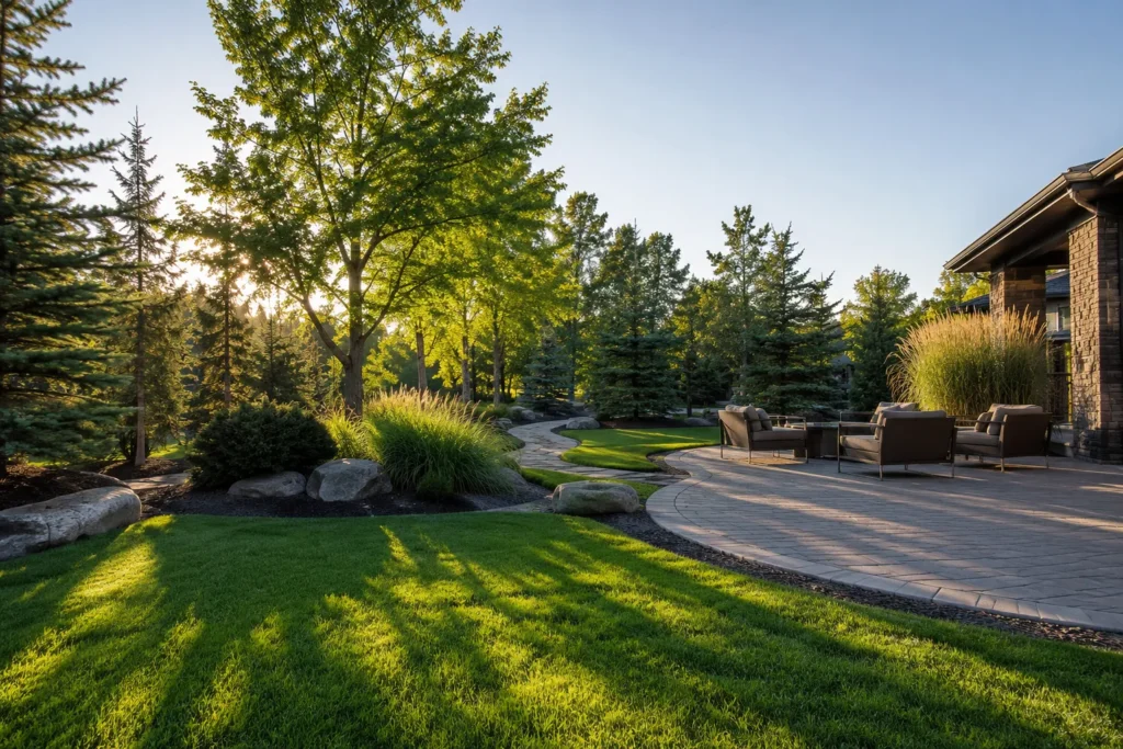 Outdoor living space showing hardscaping vs landscaping with fire pit and garden