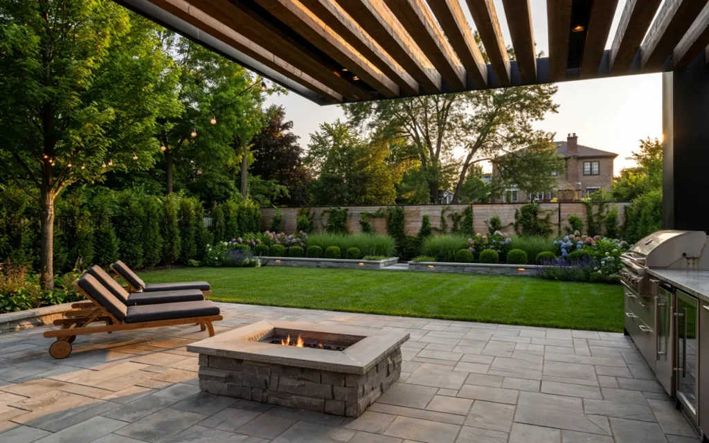 Luxury custom landscaping features including patio, fire pit, and outdoor kitchen in Toronto.