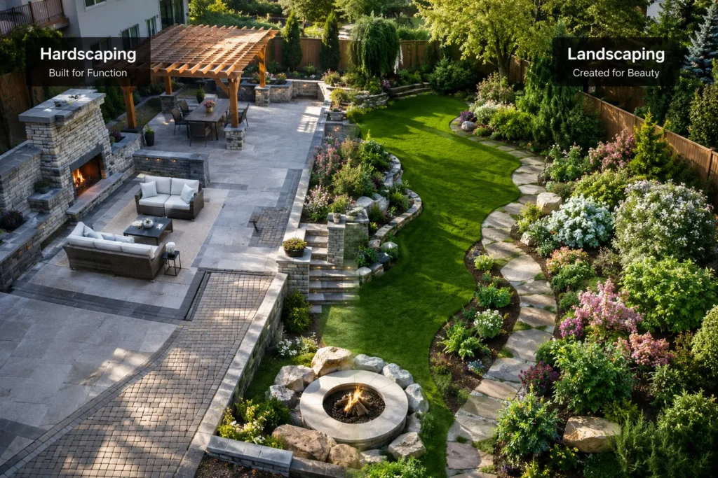 Hardscaping vs landscaping design including retaining wall, pavers, trees, and shrubs