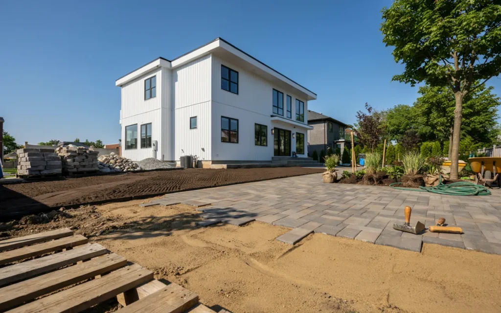 Custom landscaping installation process at a Toronto residential property.