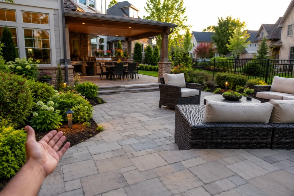 Residential hardscaping vs landscaping project with patio, driveway, lawn, and plants