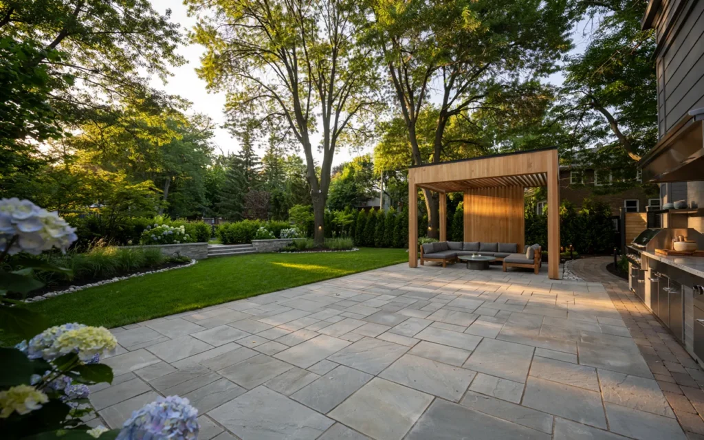 Luxury backyard with natural stone patio, pergola, outdoor kitchen, and landscaped garden in Toronto