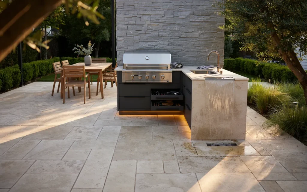 Professionally landscaped backyard with stone walkway and native plants