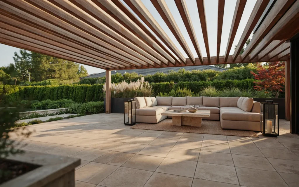 Luxury backyard fire pit with landscape lighting and stone patio