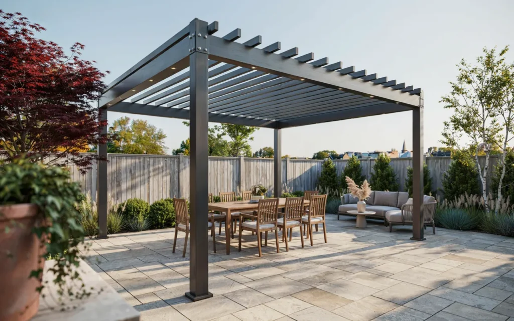 Modern open pergola over a Toronto backyard patio