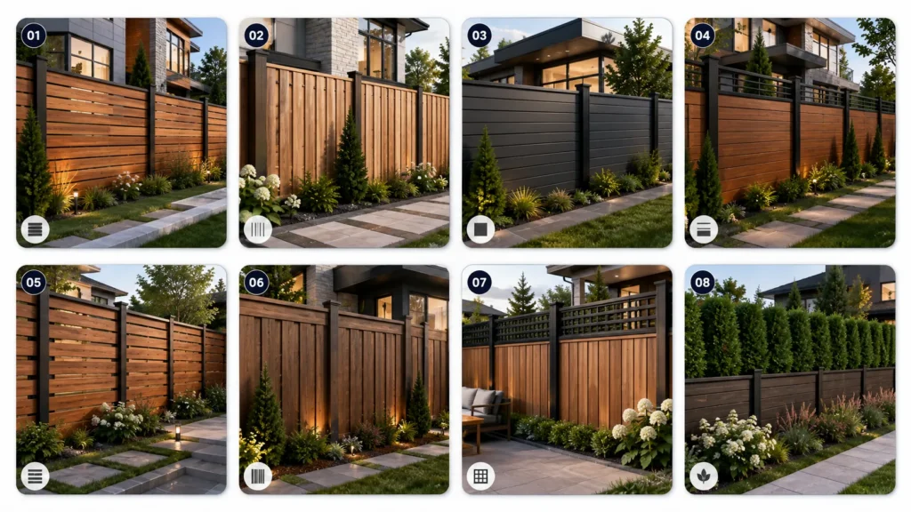 modern privacy fence ideas with wood slats composite panels and metal posts