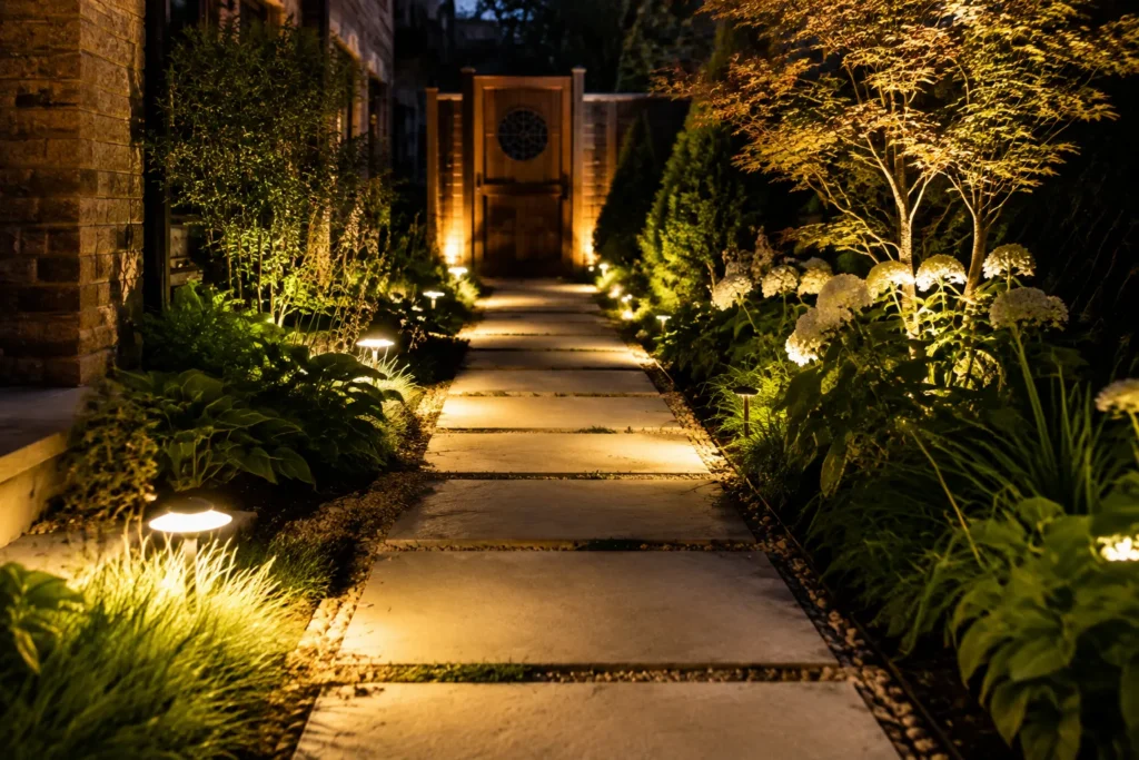 Professional landscape lighting installed along an outdoor pathway