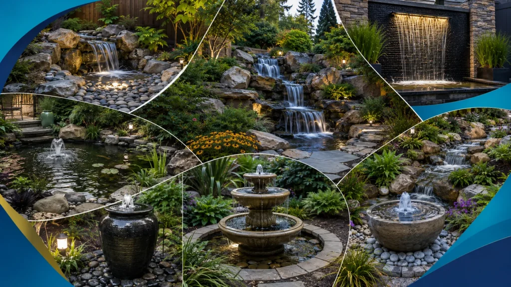 Backyard water features with natural stone waterfall