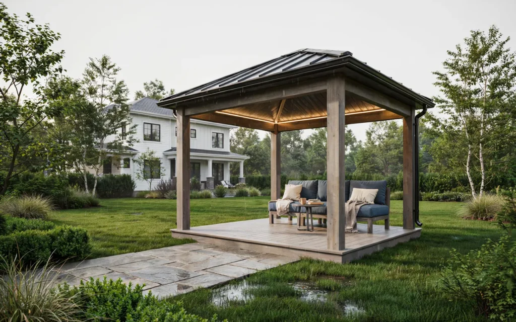 Covered gazebo providing weather protection in a Toronto backyard