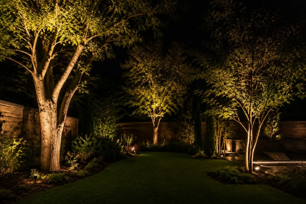 Landscape lighting illuminating a backyard patio and lawn