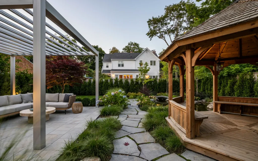 Modern aluminum pergola and traditional wood gazebo comparison