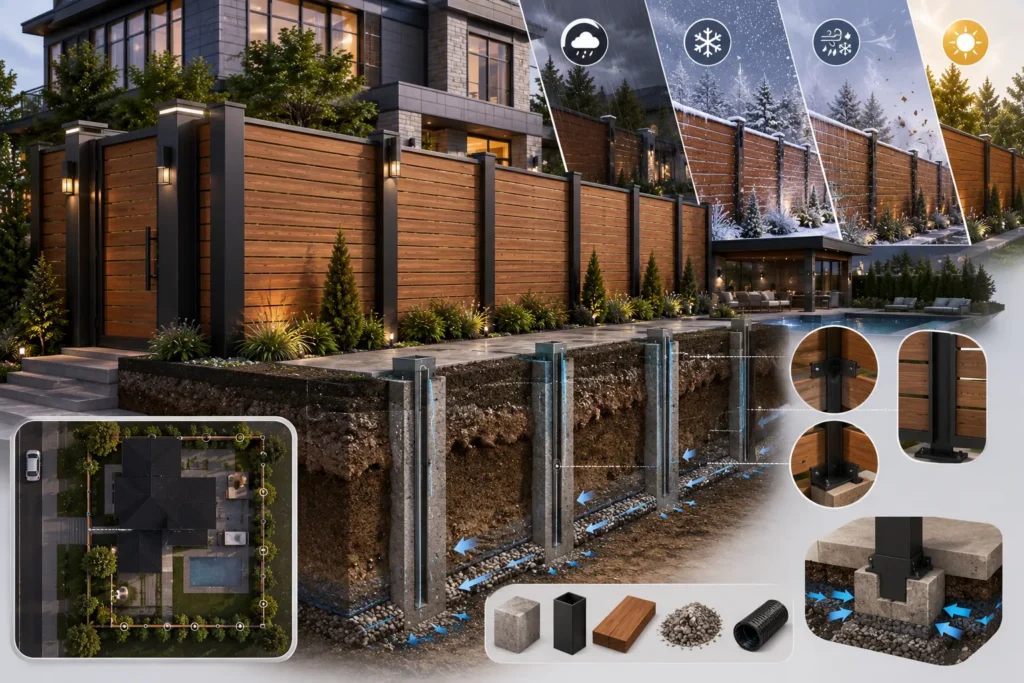 privacy fence designed for Toronto weather with reinforced posts and drainage