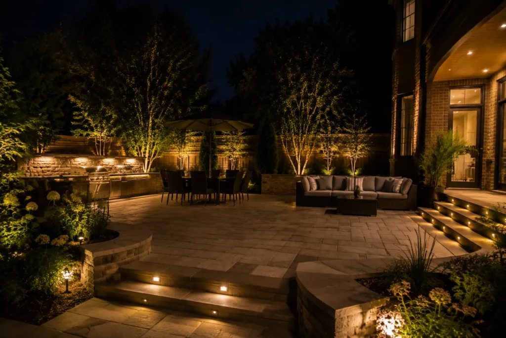 Landscape lighting highlighting trees and outdoor features