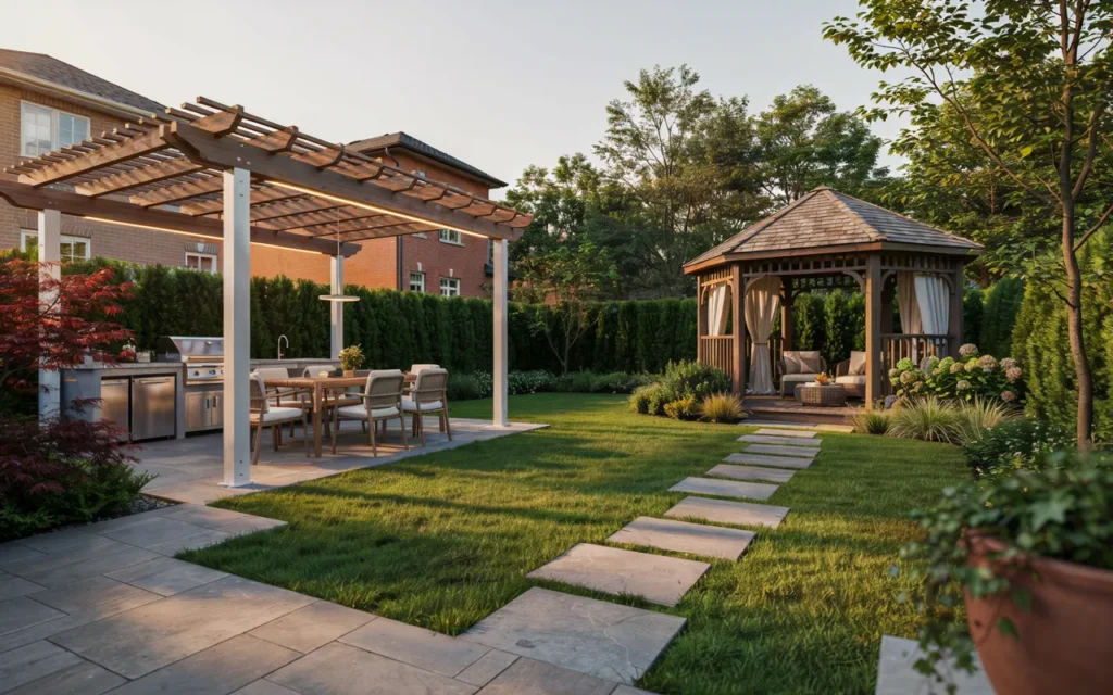 Pergola and gazebo combination creating multiple outdoor living zones