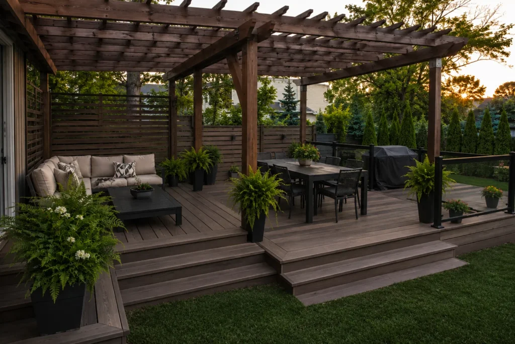 Luxury outdoor deck with stairs and railing built by a trusted custom deck builder