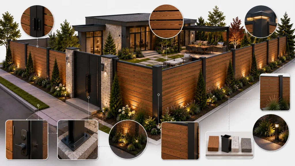luxury privacy fence with premium wood panels black posts gate lighting and landscaping