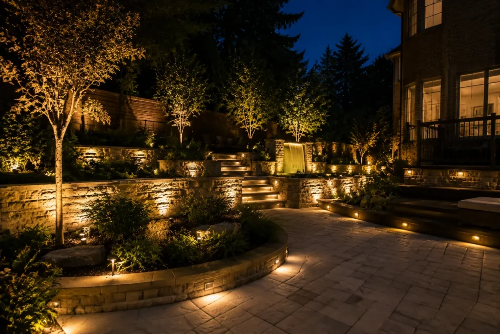 Landscape lighting around a residential walkway and garden