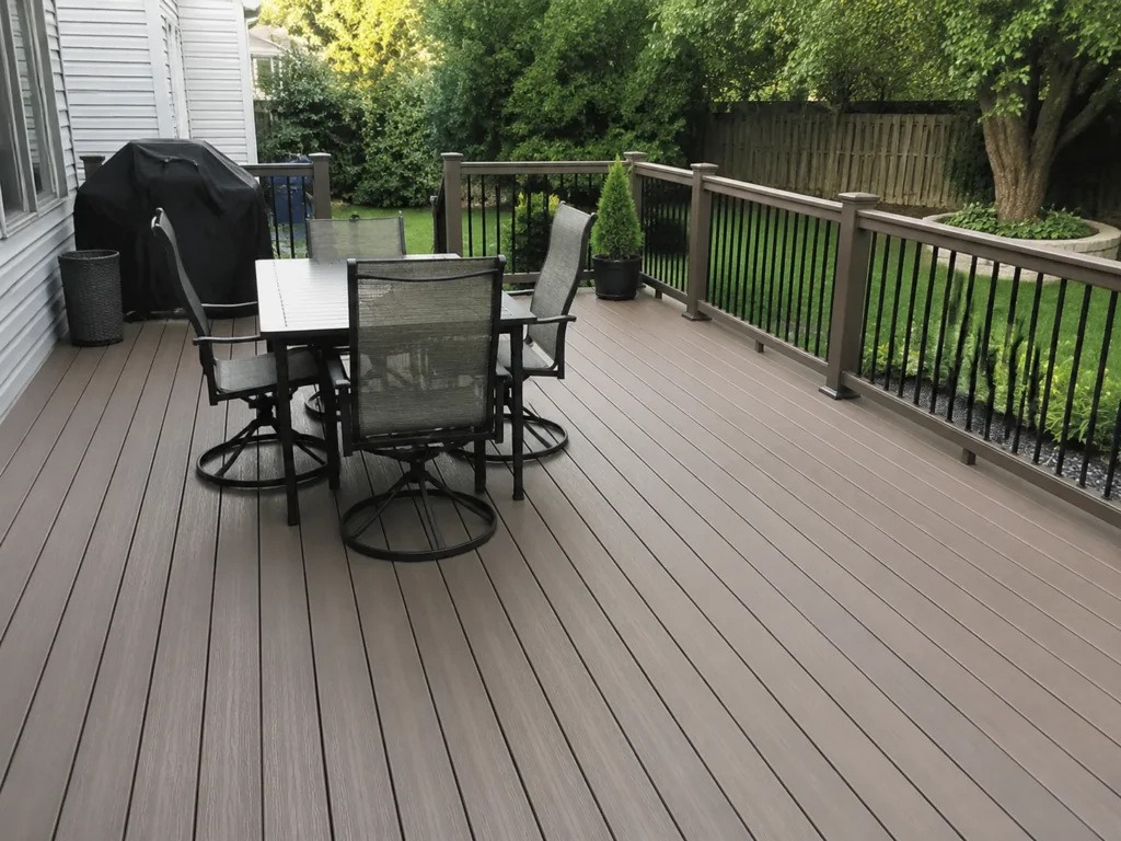 A completed composite deck installation showcasing professional craftsmanship, finished edges, modern stairs, railing, and a clean backyard environment.