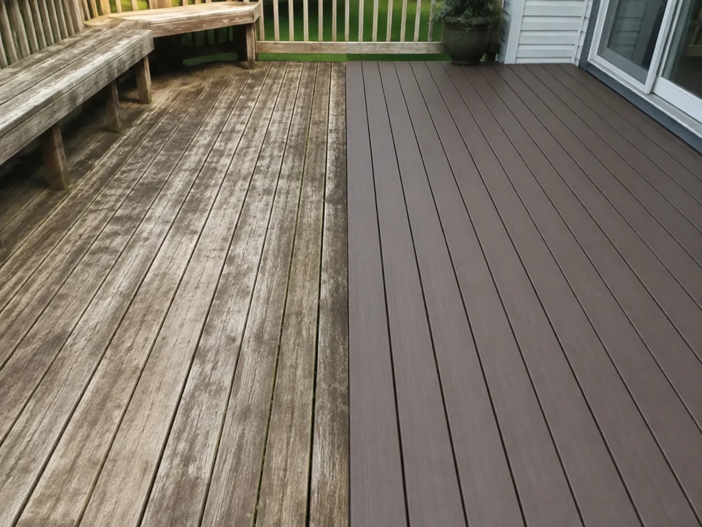 Composite deck comparison with traditional wood decking showing texture and maintenance differences