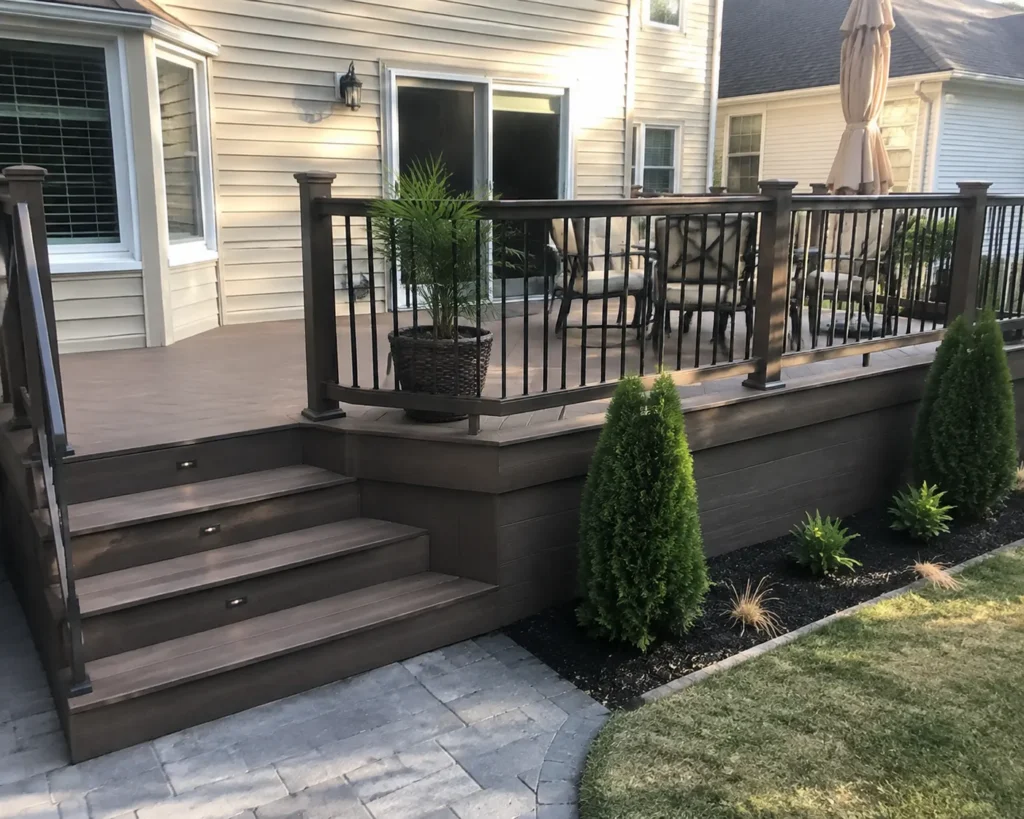 Residential composite deck with outdoor furniture and weather-resistant decking surface