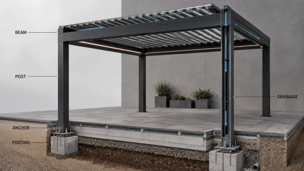Custom pergola showing structural posts, foundation anchoring, and drainage