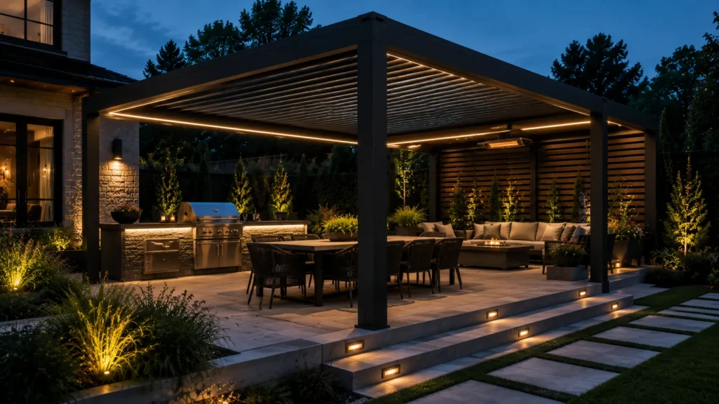 Luxury pergola with integrated lighting, louvers, privacy screens, and outdoor kitchen