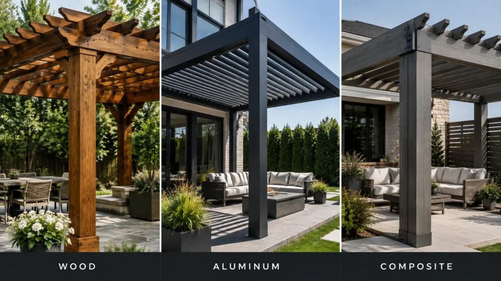 Wood, aluminum, and composite pergola materials shown side by side