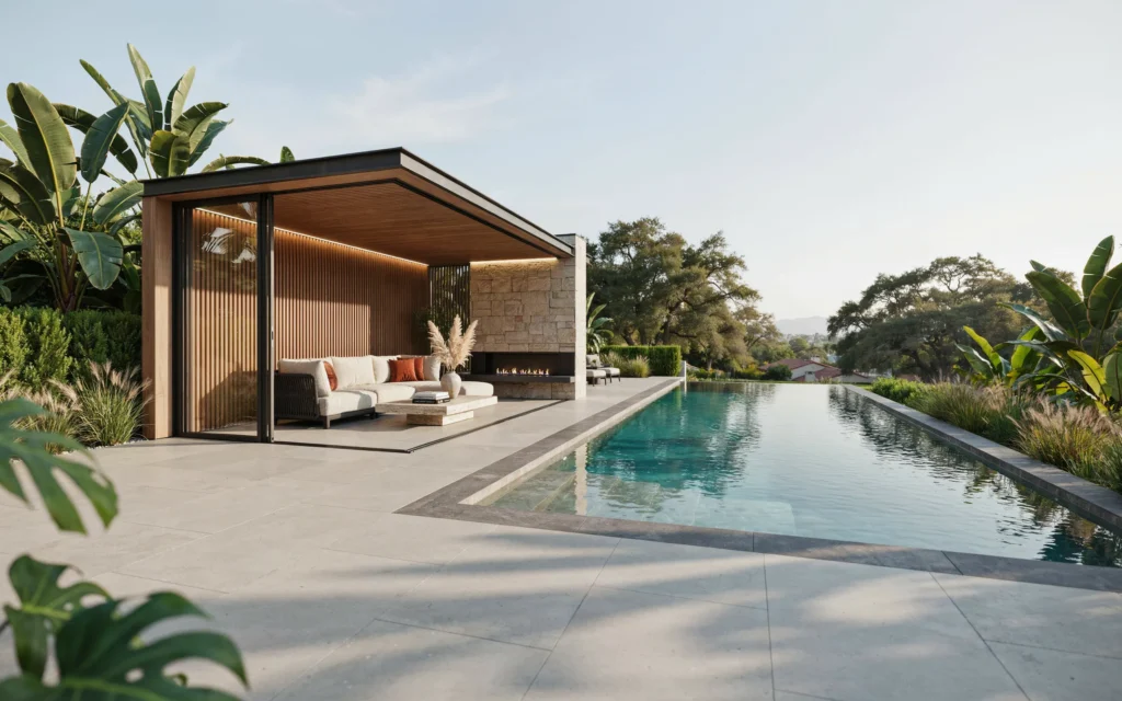 Current image: Luxury custom cabana builder creating a resort-style backyard retreat with pool