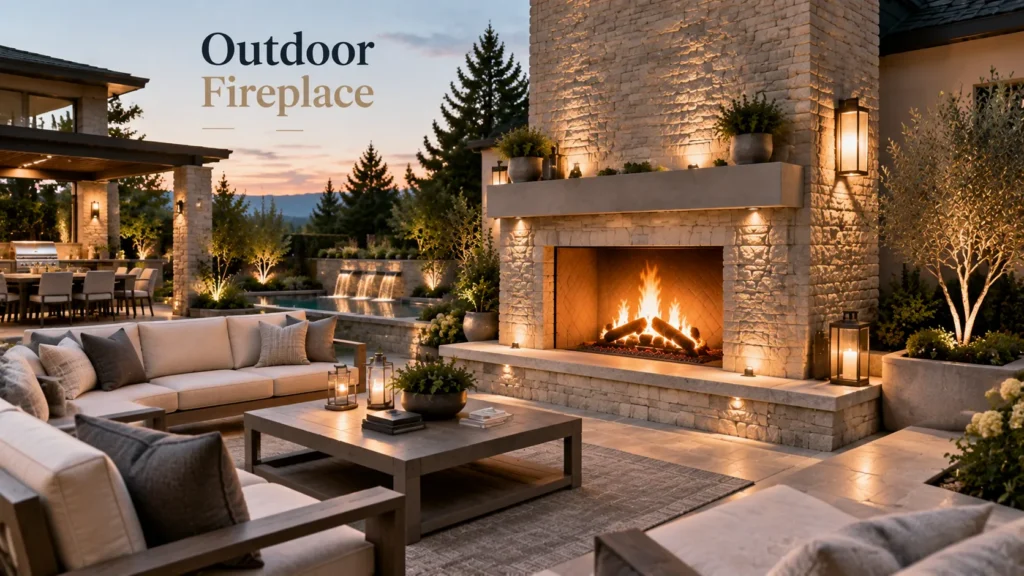 Custom outdoor fireplace creating an architectural backyard focal point