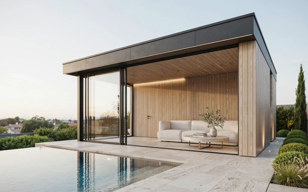 Modern minimalist pool cabana design with luxury outdoor furniture