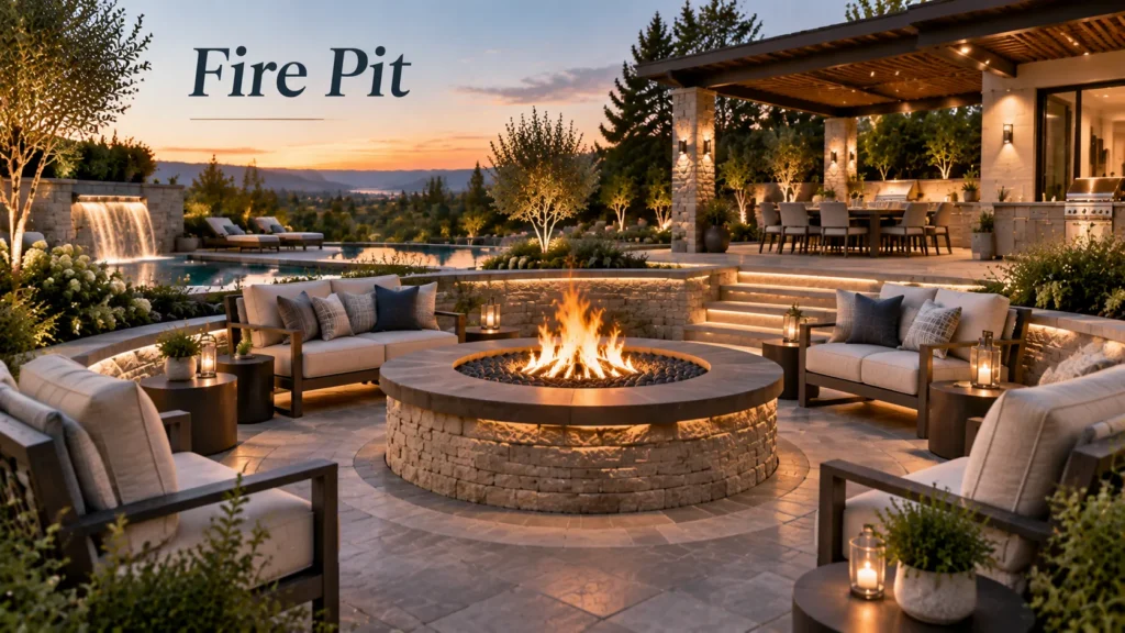 Modern backyard fire pit with outdoor entertainment design