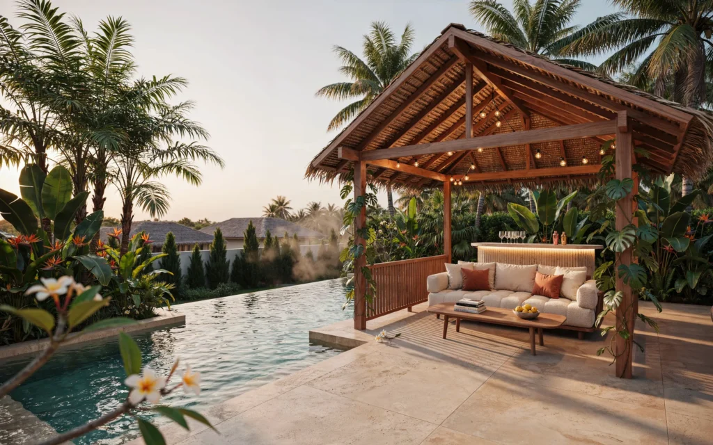 Resort-inspired luxury outdoor cabana with poolside entertainment area