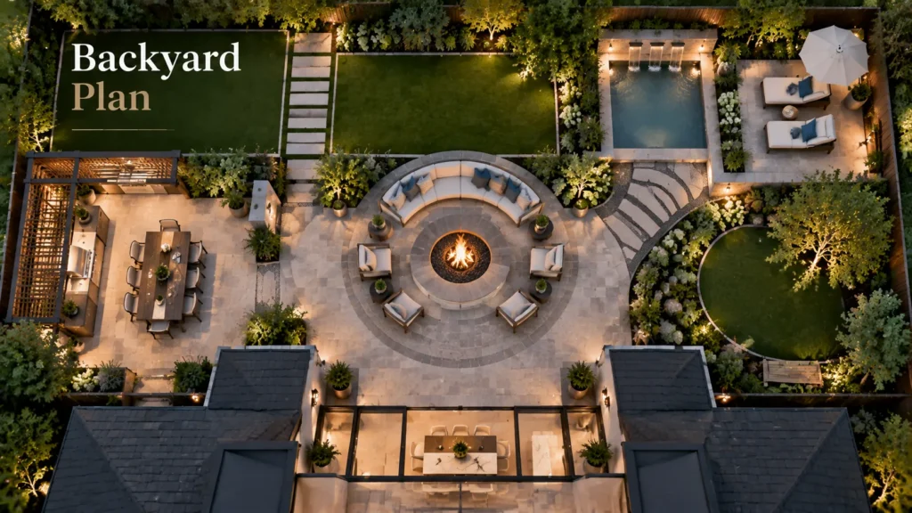 Backyard layout planning with outdoor fire feature placement