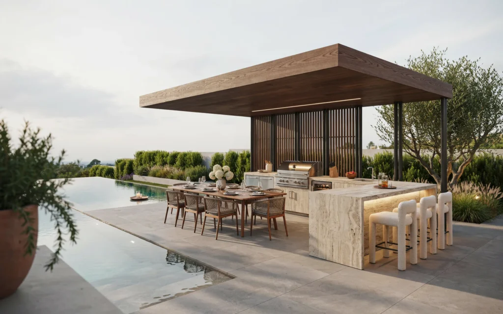 Luxury outdoor kitchen cabana with dining area beside swimming pool