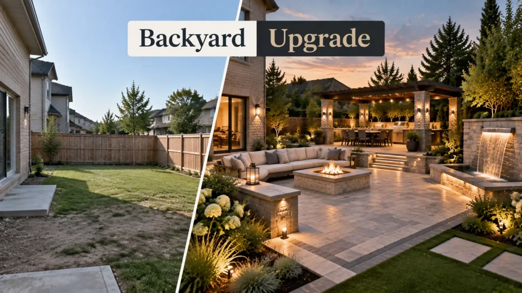 Backyard renovation transformation with outdoor fire feature installation