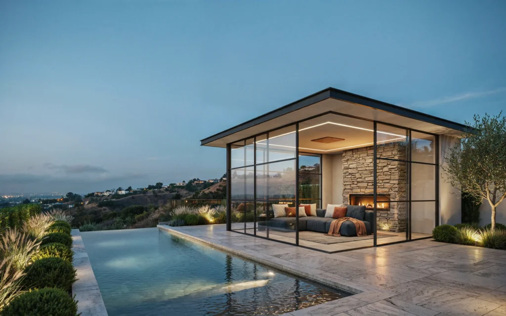 Smart luxury cabana with outdoor fireplace and year-round living features